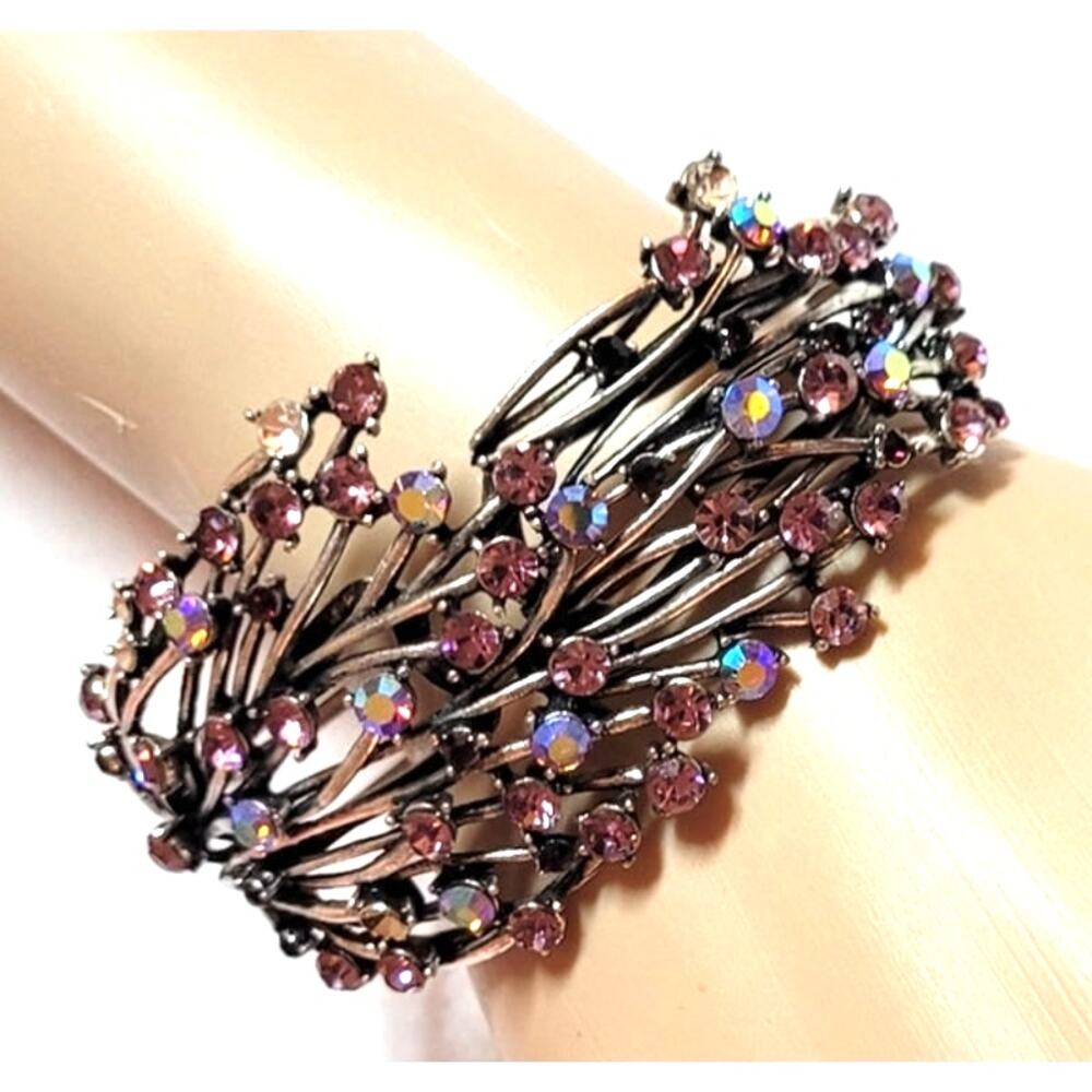 Rhinestone Clamper Bracelet Purple Pink AB Silvertone Metal Boho Fairy Cottage - Picture 3 of 12
